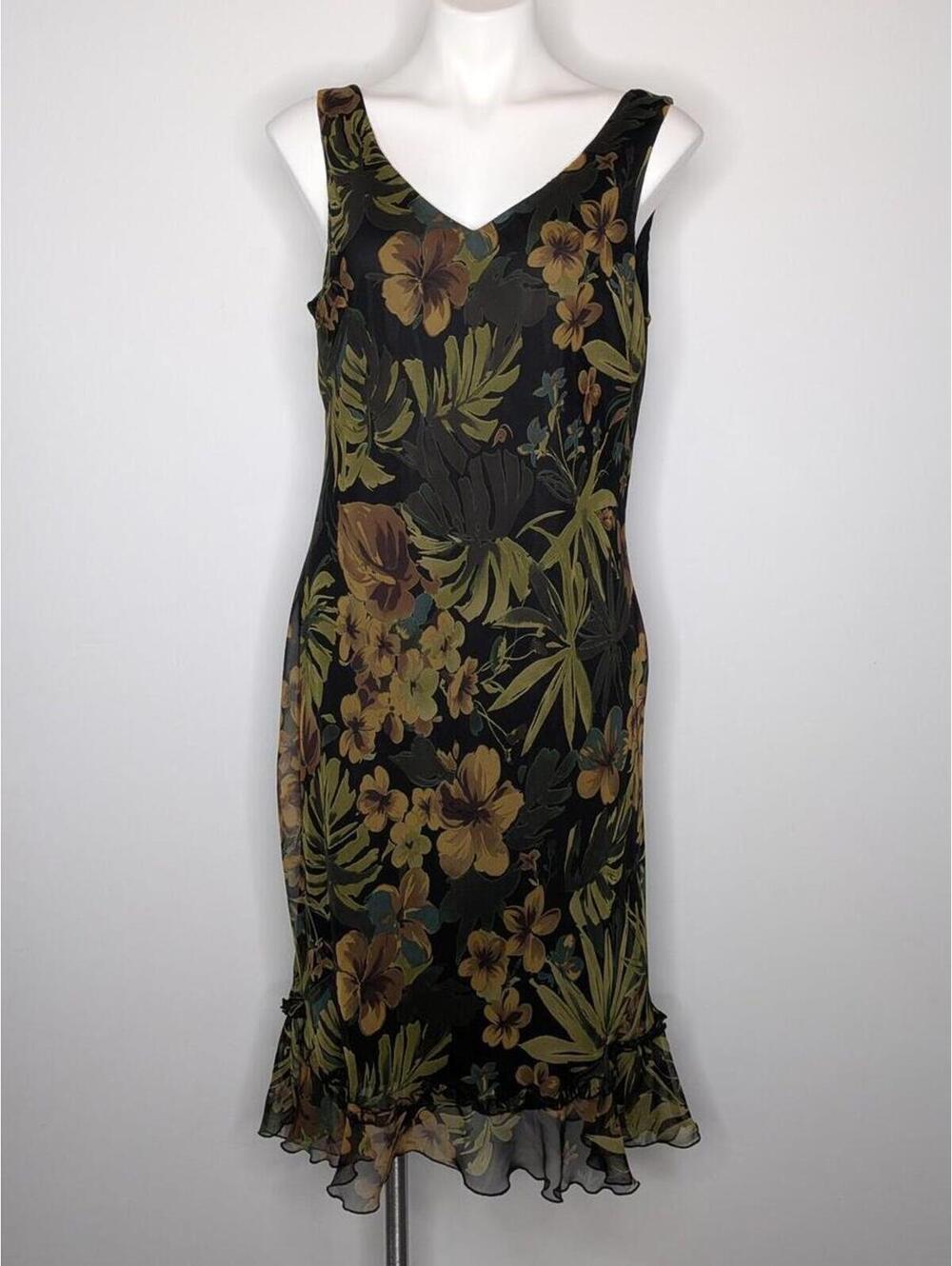 Vintage Megan Matthews Black Green monstera hibiscus tropical floral 90s dress